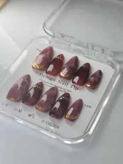 現品のみ デザインネイルチップ マーブル模様 赤系