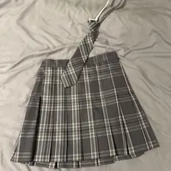 WEGO グレー チェック柄 プリーツスカート ネクタイ付き