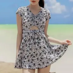 花柄ワンピースデザイン セパレートタンキニ 水着2点セット