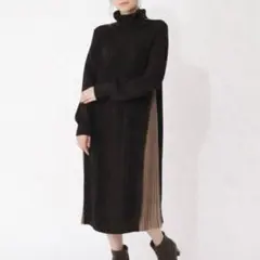 grove◎ケーブルサイドプリーツ　タートルネックニットワンピース　ブラック　黒