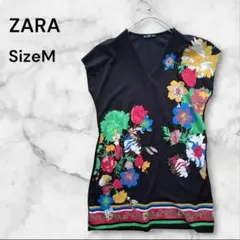 ZARA ザラ　花柄プリント 和風 和柄 ノースリーブチュニック　黒　M