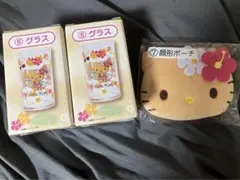 日焼けキティ グラス2個　顔形ポーチ1個