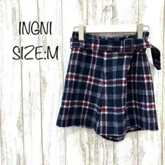 イング❤️ショートパンツ　ベルト付き　チェック　カジュアル　紺　ネイビー　M