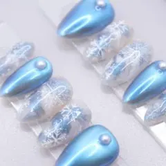 1041 ネイルチップSサイズ 韓国 冬ネイル 雪 結晶 マグネット　青