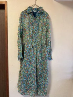 mina 花柄ロングシャツワンピース 9号 ブルー系 レトロ