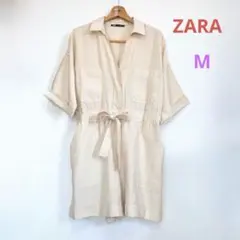 M［ZARA］ベージュオールインワン ジャンプスーツ半袖短パンウエストバックゴム