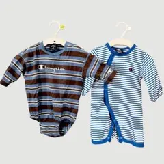 【champion】60〜70サイズ ボーダー ブルーブラウン ロンパース