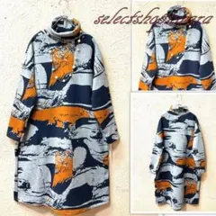 2025新作☆ハイネック☆暖か裏起毛総柄プリントニットソーワンピース☆F