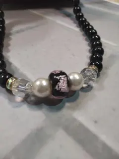 ピンクとんぼ玉、ブラックビーズ パール ビーズ、ネックレス