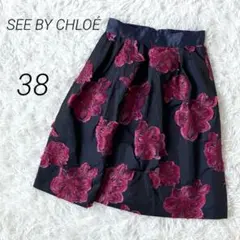 極美品 René 花柄 フラワーモチーフ フレア スカート ブラック 38 極美品 René 花柄 フラワーモチーフ フレア スカート ブラック 38