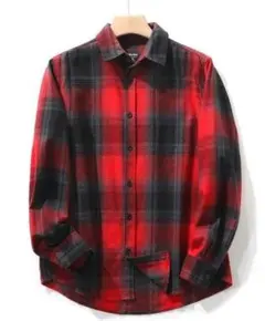 オンブレチェックシャツ　チェック　 長袖　ネルシャツ　赤　黒　アメカジ　M