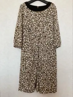 体型カバー　ブラウン系ドット柄 七分袖 ワンピース　LLサイズ