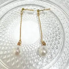 ゴールドチェーン パールドロップピアス　ハンドメイド　ステンレス