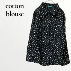 襟付きシャツ ブラウス コットン ブラック ドット 長袖 【M】 水玉柄 春夏