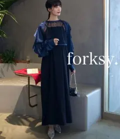 forksy. レース切替え袖フリルボレロ＆キャミワンピース　結婚式　ネイビー系
