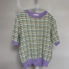 W♥C 半袖 ニット トップス パープル チェック柄のサムネイル