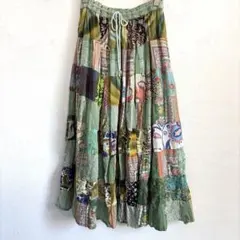ビンテージ インド綿 花柄 パッチワーク ティアード フレア ロング スカート