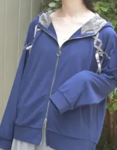 ネイビー フード付き ジップアップパーカー