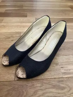 オープントゥ ウェッジヒール パンプス 黒