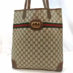 【美品】グッチ トートバッグ レザー×PVC 大容量 肩掛け GG柄 ブラウン