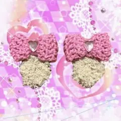 犬耳　リボン　ヘアピン　いぬ　ピンク　編み物　ハンドメイド　アイドル　メイド