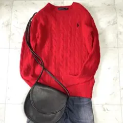 良品✨ポロラルフローレン ケーブルニット レッド ホース刺繍 y2k カシミヤ混