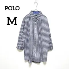 POLO ポロ　７分袖　ボタンダウンシャツ　M　紺　ストライプ　麻混　1436のサムネイル
