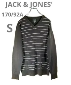 メンズ Vネック セーター 長袖 濃紺 前ボーダー柄 綿