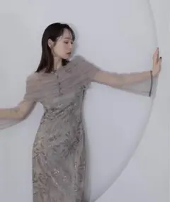 チュールオフショルダー花柄Iラインドレスワンピース 2点セット