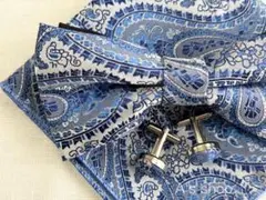 蝶ネクタイ チーフ カフス 結婚式 二次会 前撮り 3点セット 青 ペイズリー柄