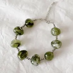 ブレスレット　ヴィンテージビーズ　大ぶり　グリーン　シルバー　ゴツめ　数珠