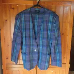 昭和レトロ　ノーカラージャケット　日本製　11号 青系チェック　　婦人服