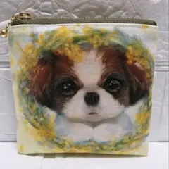 フラットポーチ　ハンドメイド　ミモザとシーズー