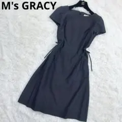 良品　エムズグレイシー　膝丈ワンピース　ウエストリボン　ブラック　ドット柄　40