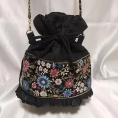 インド刺繍　巾着バッグ　サコッシュ