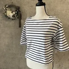 【コムサイズム】ボーダー五分袖カットソー　ボートネック　白黒　7号　綿100