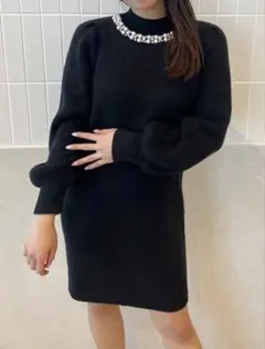 eimy◼️パールビジューニットミニワンピース黒