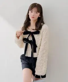 Chico 前後2wayフロントリボン配色カーディガン