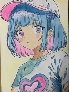 【手描きイラスト】アナログ キャンバスパネル ペン＋水彩画 美少女 絵画