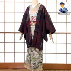 羽織 一つ紋 正絹 金銀漆糸 霞取り 古典柄 黒 アンティーク着物 A-2726