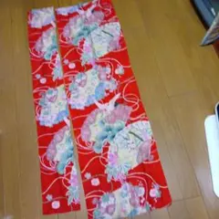 ⑨古布赤地 扇子と花柄 生地 はぎれ