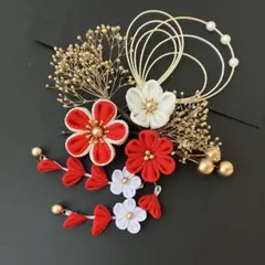 e-1 赤×金つまみ細工　下がり　水引髪飾り　卒業式　成人式　小学生　袴