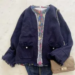 ひ*り様 美品　アプワイザーリッシェ　パールデザインニットジャケット　ネイビー