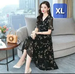 レディース ワンピース ロングワンピース XL シフォン 花柄 半袖 ロング丈