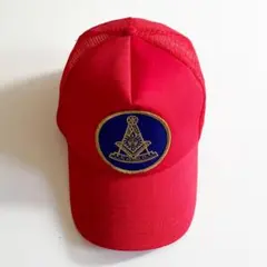 海外古着 ワッペン刺繍 メッシュキャップ トラッカー 帽子 レッド 単色