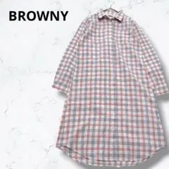 ＊ブラウニー＊シャツワンピース 丈長め チェック柄 ピンク フリー リネン混のサムネイル