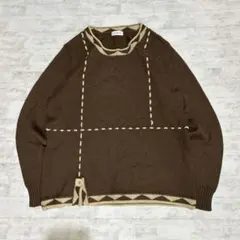 レトロ配色 ステッチデザインニット ブラウン 幾何学柄 古着　ボタン