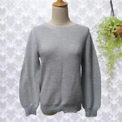 【grove】ニット（M）薄ブルー　毛混　ストライプ生地　ワールド