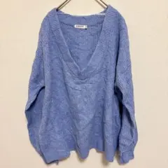 長袖ニットセーター 【XL】ブルー Vネック オーバーサイズ ゆったりシルエット