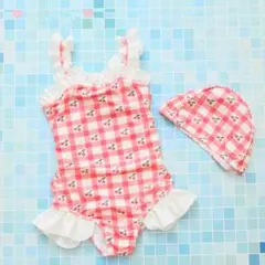 （90cm）さくらんぼ柄ベビー水着　帽子付き２点セット　プール　温泉　水遊び